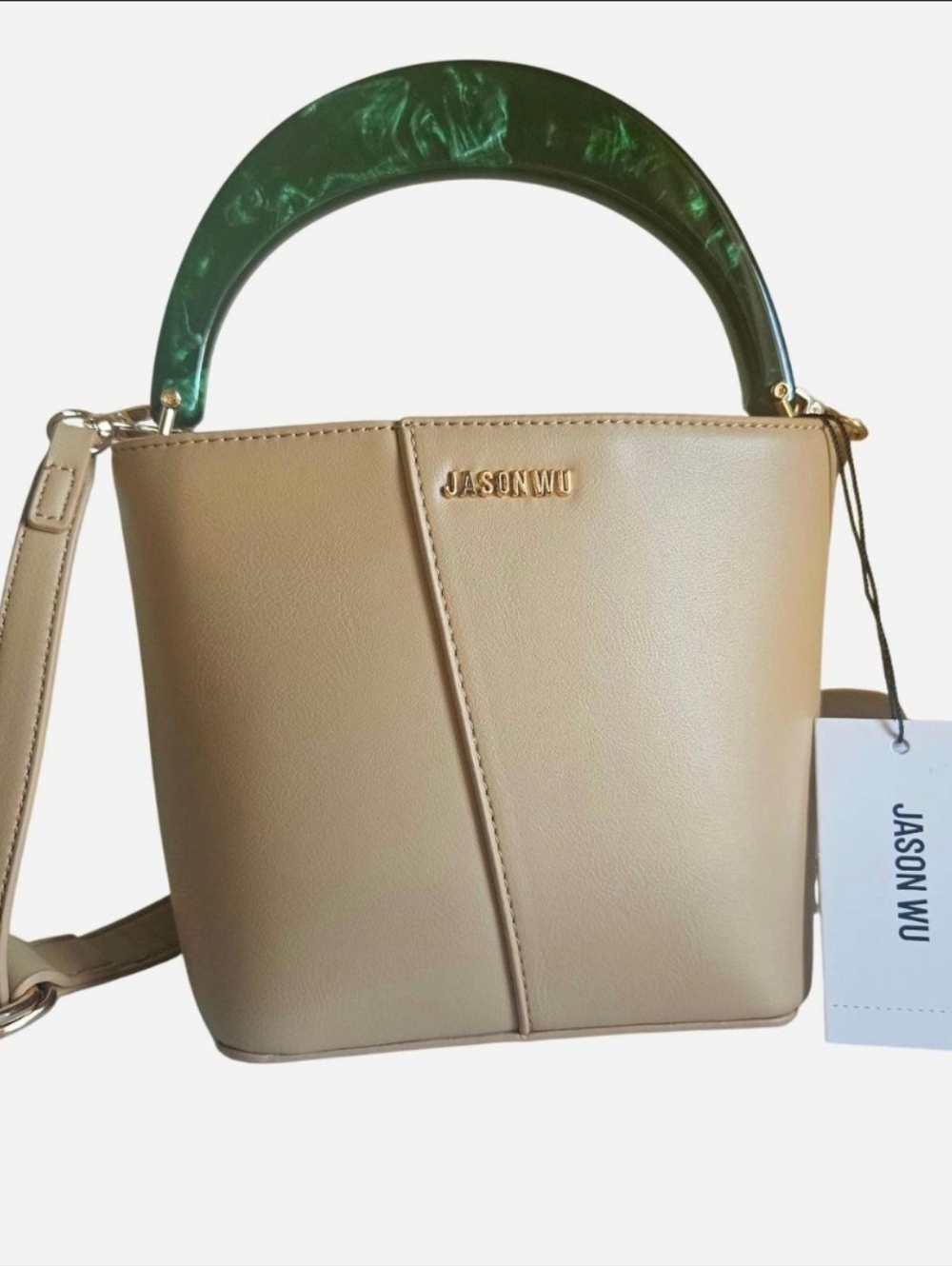 Jason Wu Tan Small Smooth Bucket Tote Bag with Green Acrylic Marbled Handle NWT